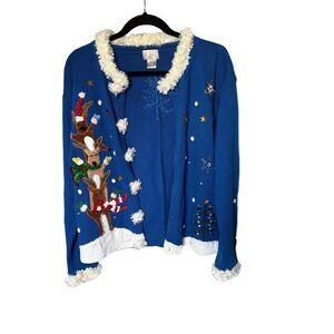 Berek Womens M Blue Ugly Christmas Cardigan Stacked Reindeer Pom Pom